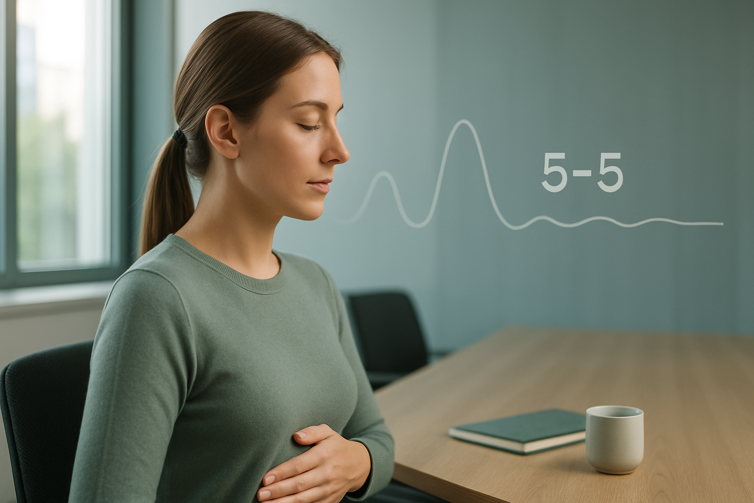 Personne assise en salle de réunion, posture droite, main sur le ventre, respiration lente pour se concentrer avant une présentation