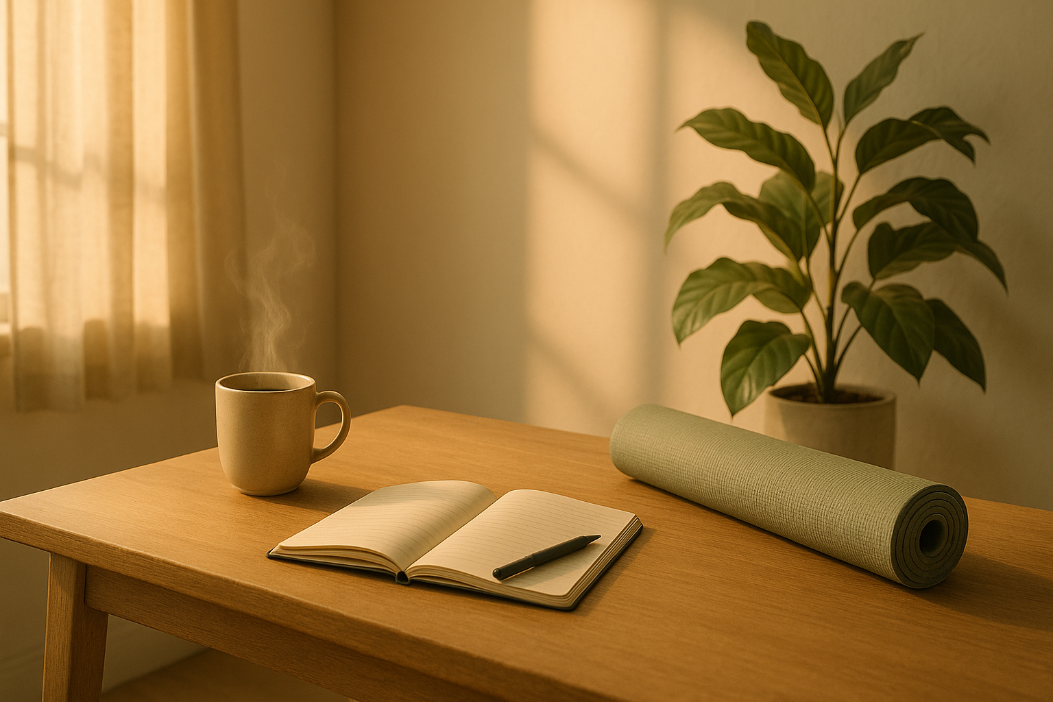 Tasse de boisson chaude sur table en bois avec carnet et stylo, tapis de yoga roulé et plante verte au lever du jour, ambiance calme pour rituels matinaux
