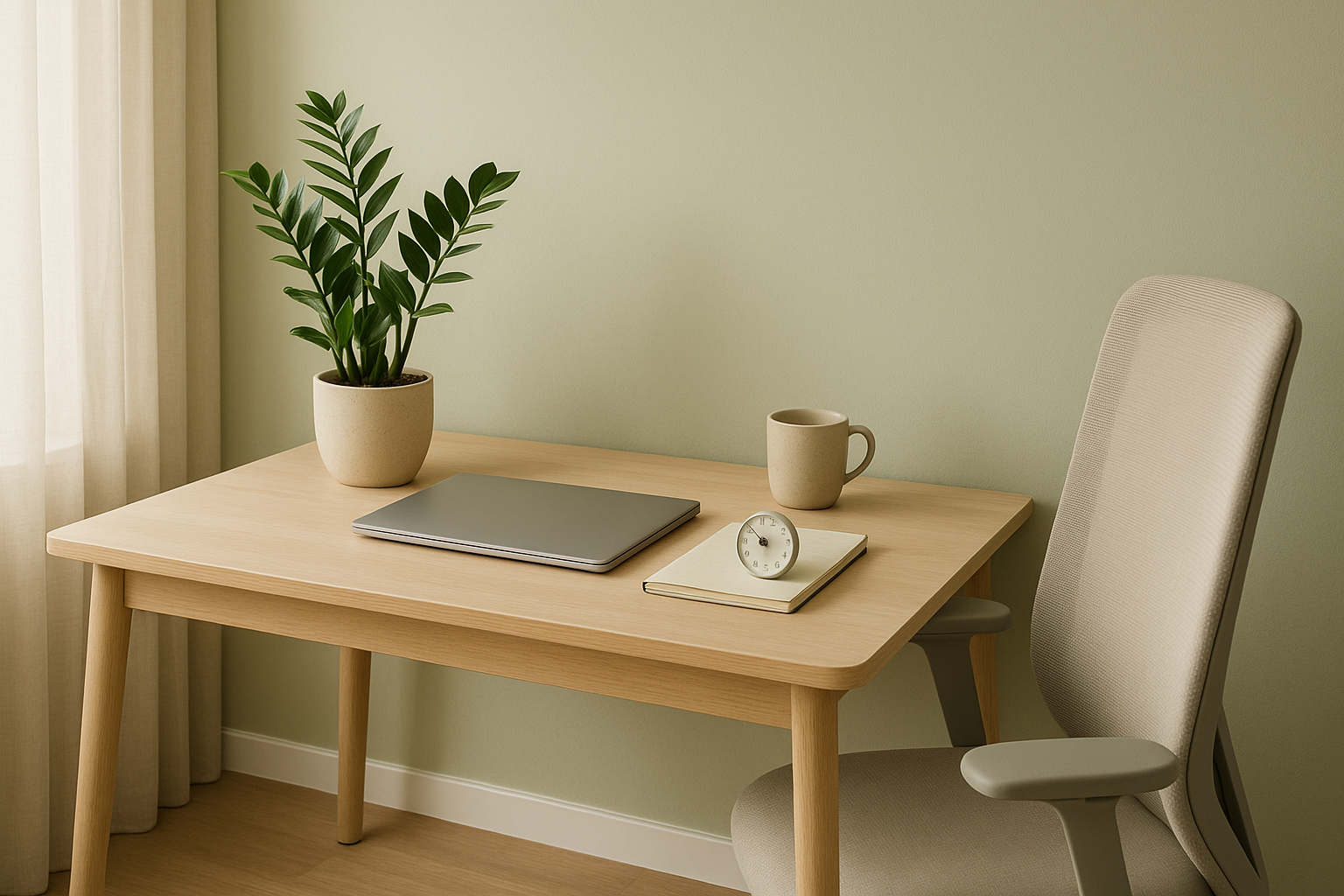Bureau minimaliste d’un freelance avec laptop fermé, carnet, minuteur Pomodoro et plante verte, ambiance lumineuse propice au bien‑être et à la concentration