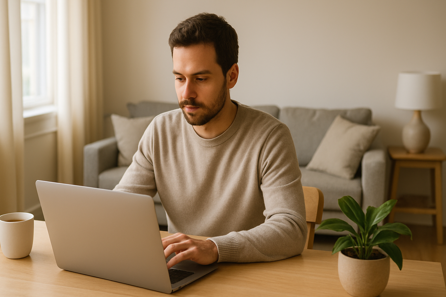 Photo très réaliste d’une personne travaillant de chez elle à un bureau en bois clair, dans un salon lumineux et ordonné, avec un ordinateur portable, une tasse de café et une plante verte, illustrant un télétravail serein et bien organisé.