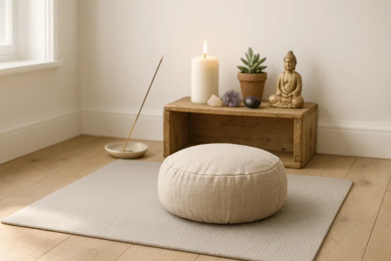 Coin méditation aménagé à la maison avec coussin zafu beige, petit autel en bois, bougie allumée, bâton d'encens, cristaux quartz rose améthyste et plante verte dans lumière naturelle douce
