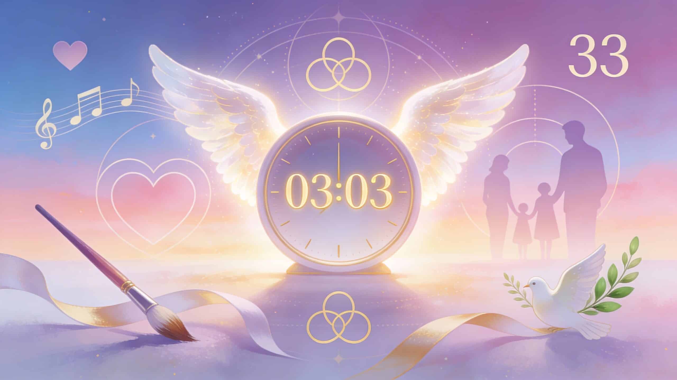 Horloge affichant 03h03 avec ailes d’ange, notes de musique et pinceau sur fond pastel, symbolisant harmonie, créativité et message de l’ange Aladiah
