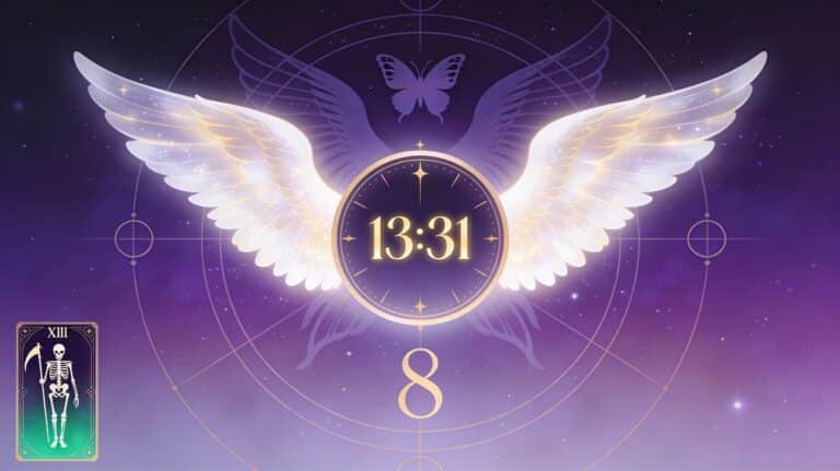 Horloge affichant 13h31 avec ailes d'ange et phénix sur fond violet mystique, symbolisant la transformation et l'ange Hahahel