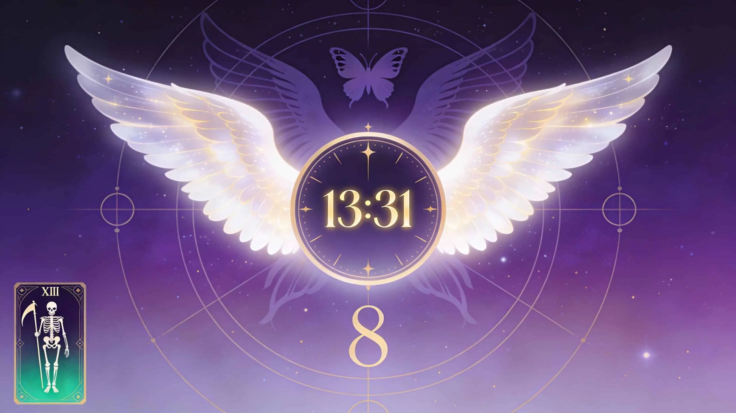 Horloge affichant 13h31 avec ailes d'ange et phénix sur fond violet mystique, symbolisant la transformation et l'ange Hahahel