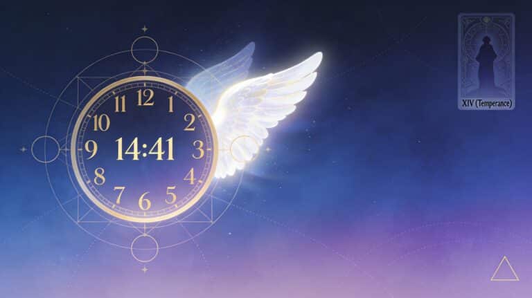 Horloge affichant 14h41 avec ailes d'ange dorées sur fond bleu spirituel, symbolisant la signification de l'heure miroir inversée en numérologie