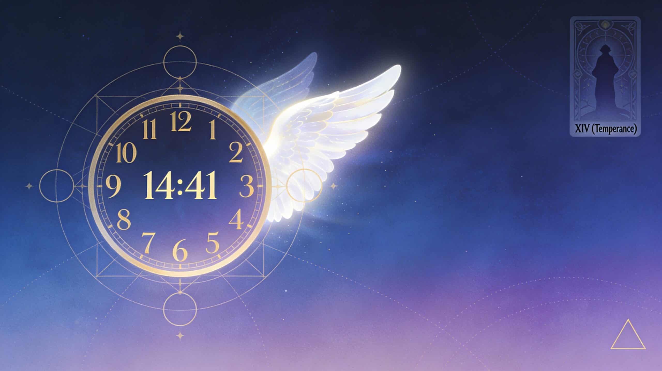 Horloge affichant 14h41 avec ailes d'ange dorées sur fond bleu spirituel, symbolisant la signification de l'heure miroir inversée en numérologie