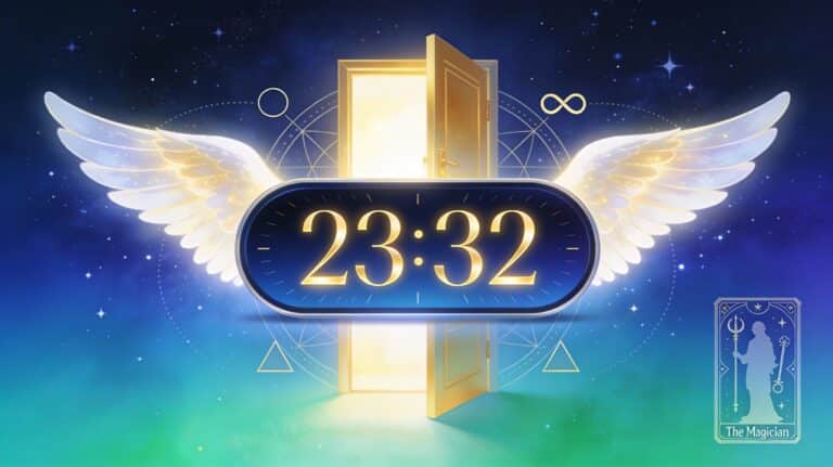 Horloge affichant 23h32 avec ailes d’ange et porte de lumière sur fond bleu nuit, symbolisant les opportunités et la protection de l’ange Haiaiel