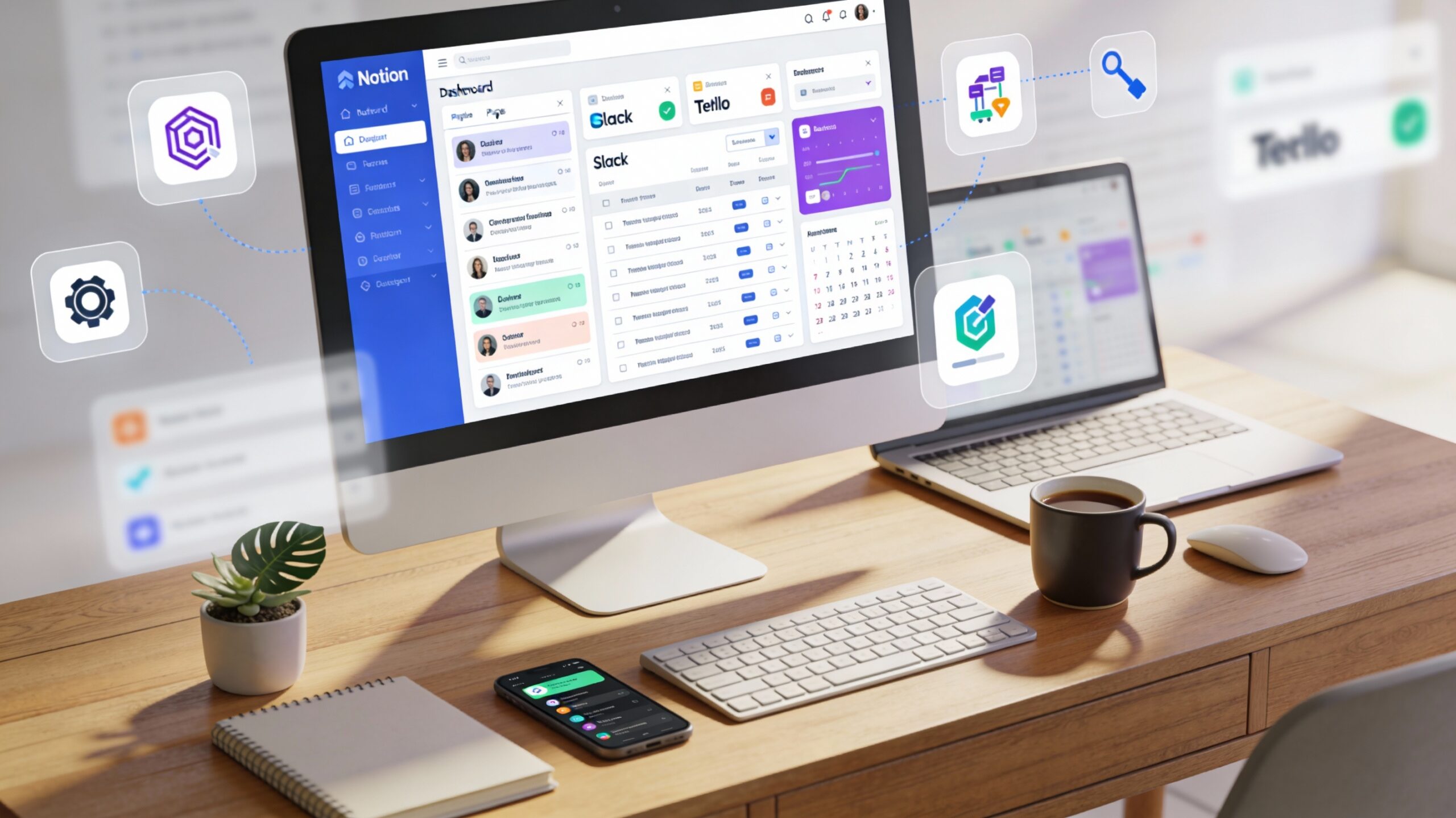 Bureau freelance moderne écran outils productivité 2026 stack Notion Slack Trello workflow automatisation indépendant