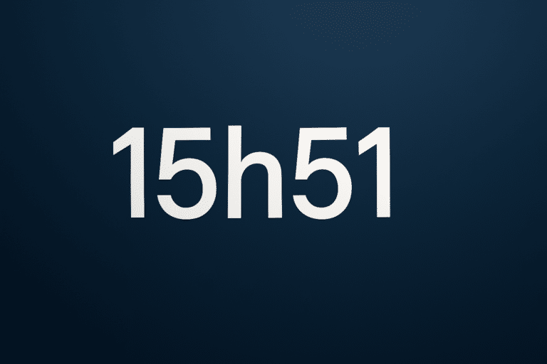 Texte blanc “15h51” centré sur un fond bleu nuit dégradé, style minimaliste, illustrant l’heure miroir inversée 15h51.