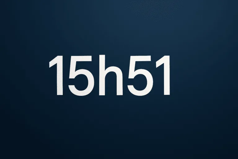 Texte blanc “15h51” centré sur un fond bleu nuit dégradé, style minimaliste, illustrant l’heure miroir inversée 15h51.