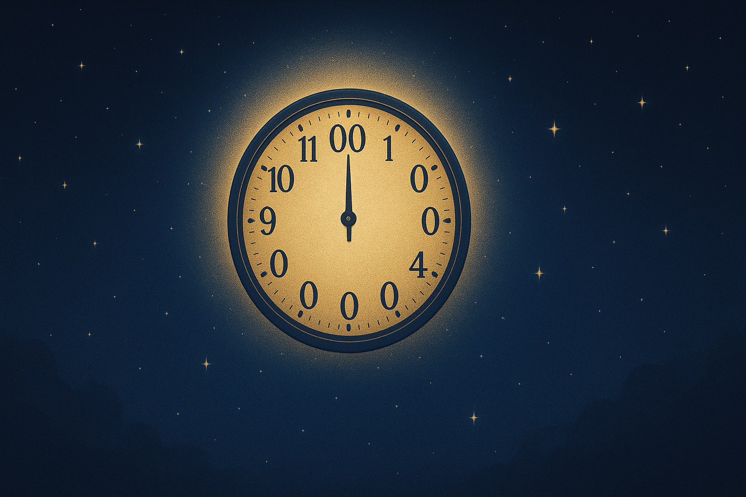 Illustration d’une horloge affichant 00h00 dans un ciel nocturne, symbolisant le message spirituel de minuit et un nouveau départ en amour et en numérologie​