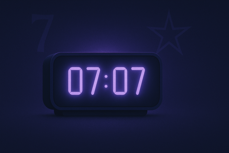 Horloge numérique affichant 07h07 sur fond bleu nuit et violet, avec une aura lumineuse et une étoile protectrice, symbolisant le réveil intérieur, l’intuition et la protection de l’ange gardien Yeiayel.​