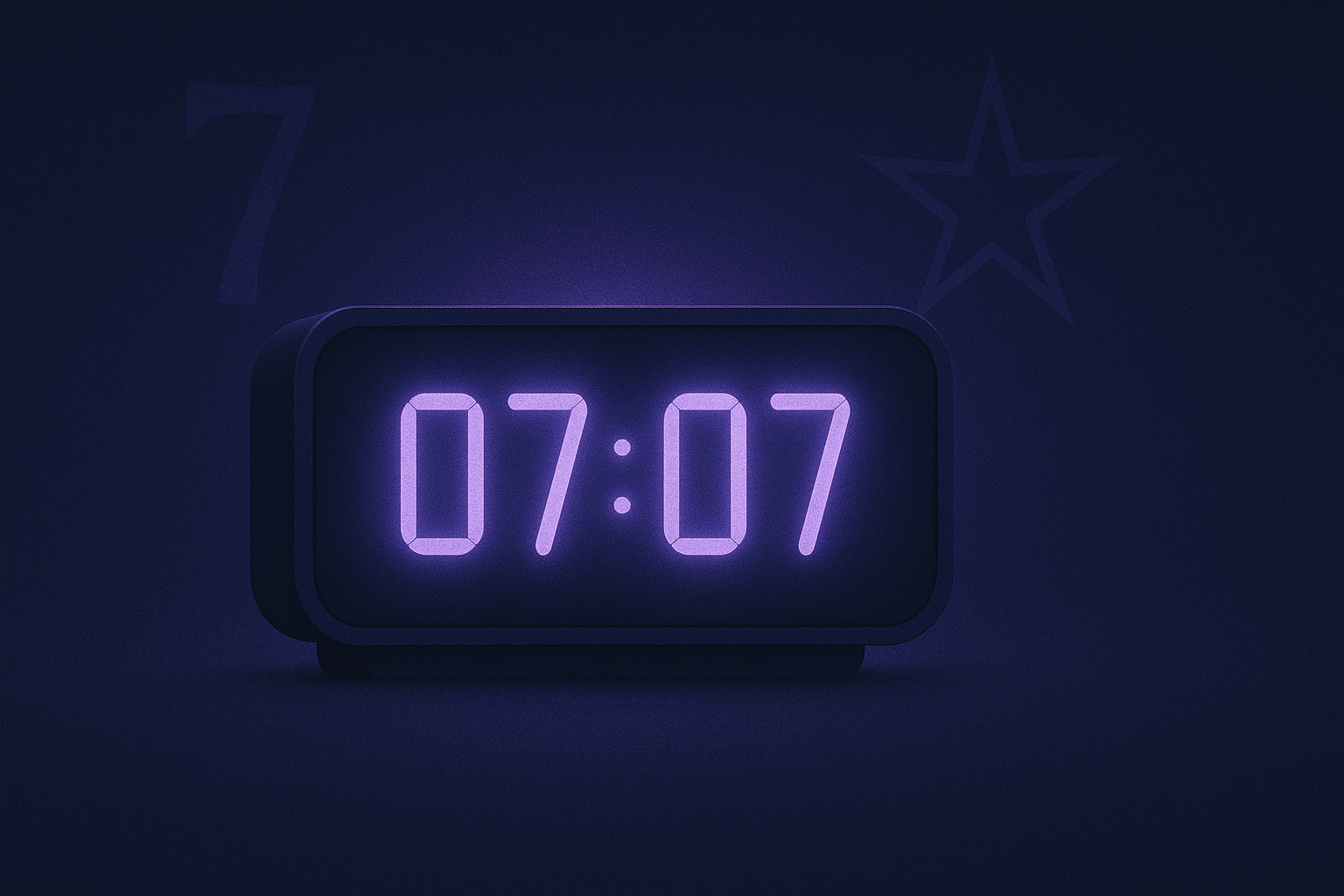 Horloge numérique affichant 07h07 sur fond bleu nuit et violet, avec une aura lumineuse et une étoile protectrice, symbolisant le réveil intérieur, l’intuition et la protection de l’ange gardien Yeiayel.​