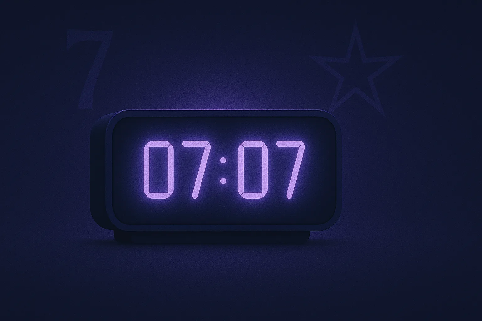Horloge numérique affichant 07h07 sur fond bleu nuit et violet, avec une aura lumineuse et une étoile protectrice, symbolisant le réveil intérieur, l’intuition et la protection de l’ange gardien Yeiayel.​