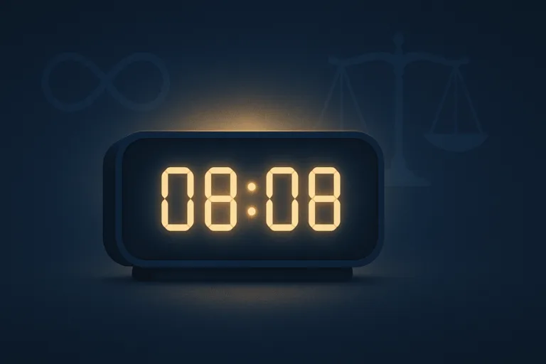 Illustration d’une horloge affichant 08h08, dans une ambiance bleu nuit et doré, symbolisant l’équilibre, l’abondance et la protection d’un ange gardien.