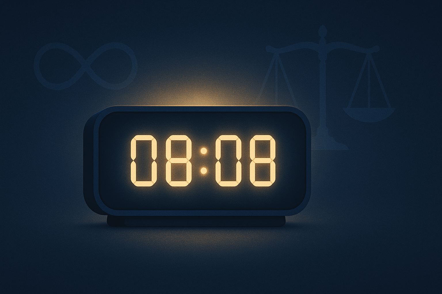Illustration d’une horloge affichant 08h08, dans une ambiance bleu nuit et doré, symbolisant l’équilibre, l’abondance et la protection d’un ange gardien.