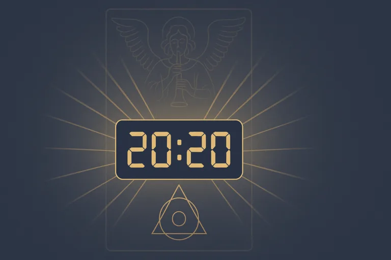 Illustration d’une horloge numérique affichant 20h20 avec une lumière douce et des symboles spirituels suggérant le message de cette heure miroir.