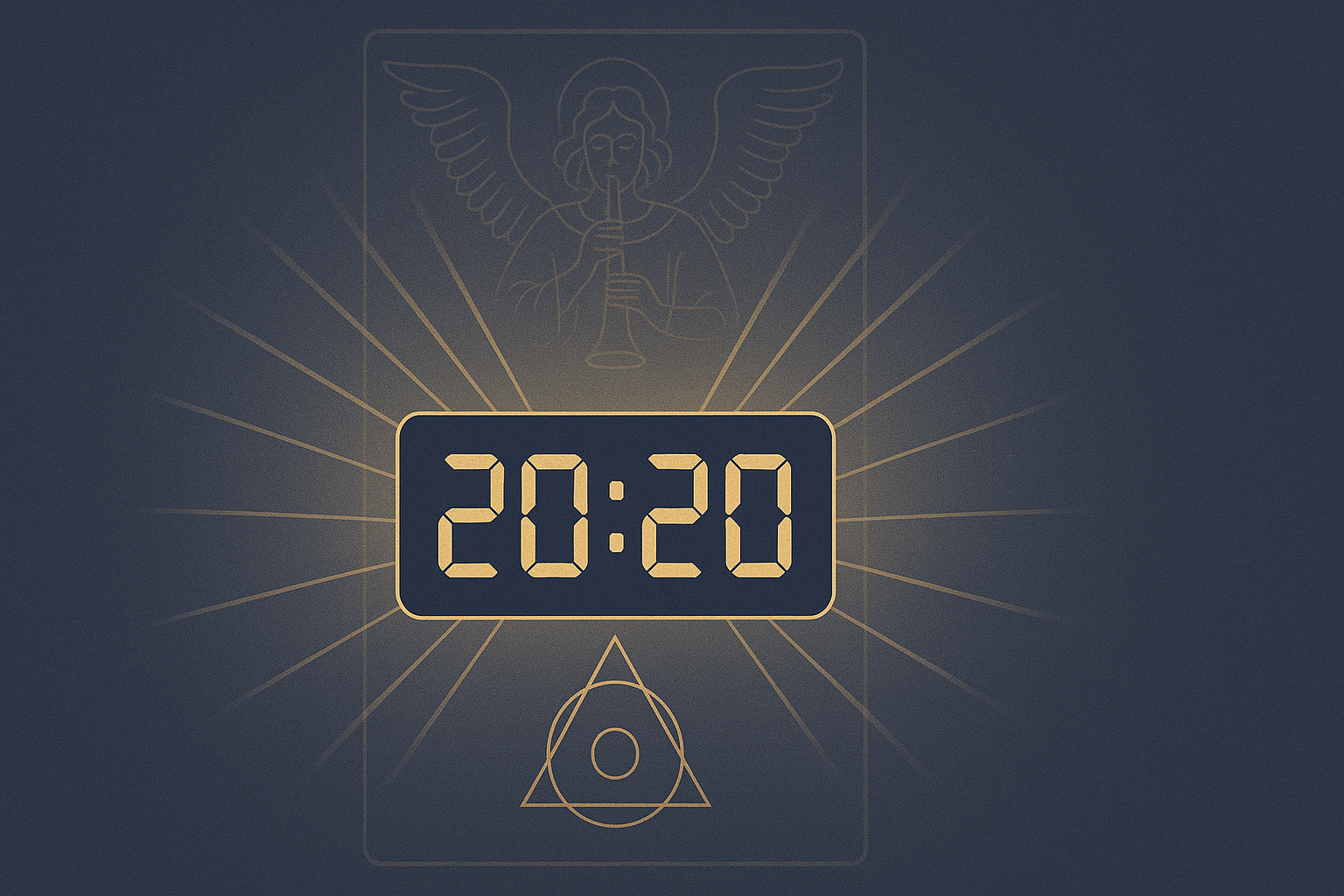 Illustration d’une horloge numérique affichant 20h20 avec une lumière douce et des symboles spirituels suggérant le message de cette heure miroir.