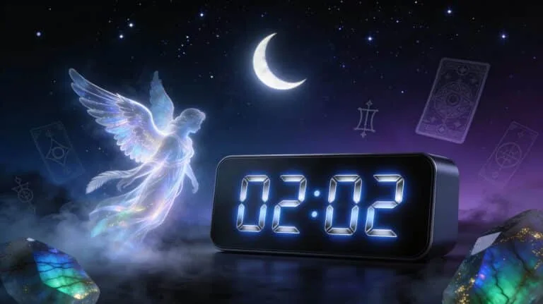 Horloge numérique affichant 02h02 heure miroir double avec ambiance nocturne mystérieuse croissant de lune et présence angélique symbolisant introspection