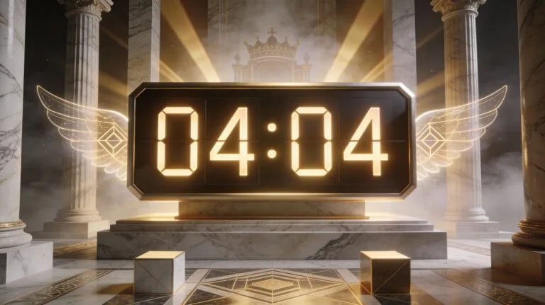 Horloge numérique affichant 04h04 heure miroir double avec colonnes architecturales dorées et fondations symbolisant stabilité et protection