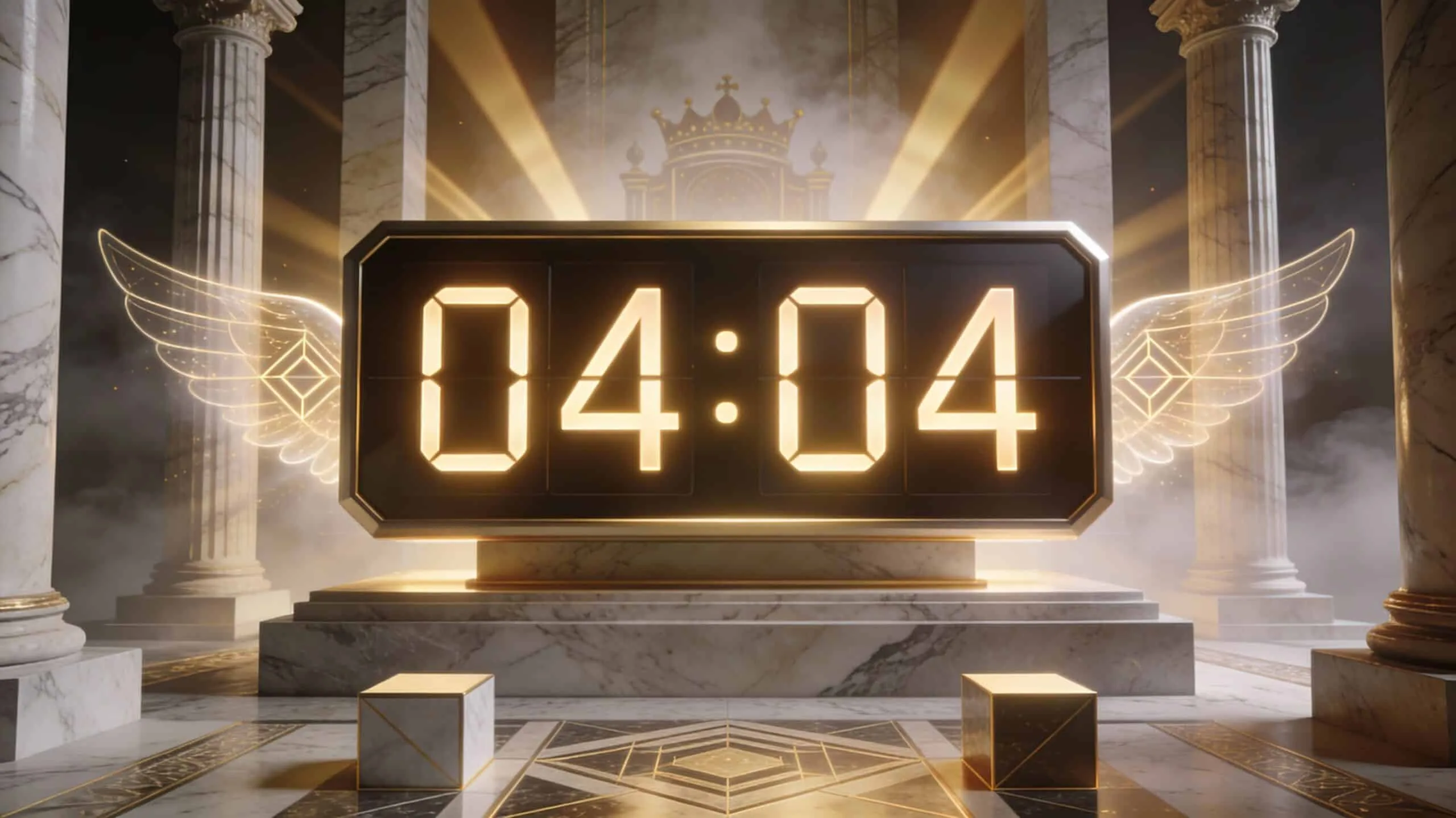 Horloge numérique affichant 04h04 heure miroir double avec colonnes architecturales dorées et fondations symbolisant stabilité et protection