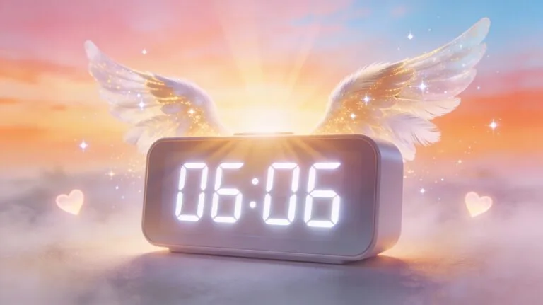 Horloge numérique affichant 06h06 heure miroir double avec lever de soleil matinal et ailes d'ange symbolisant harmonie et réconfort
