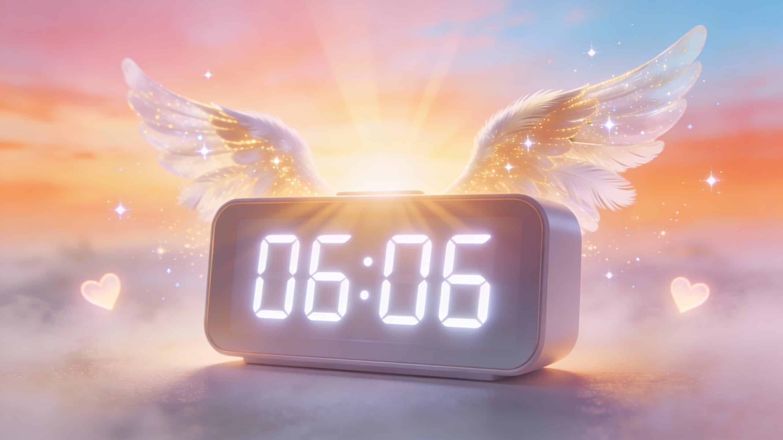Horloge numérique affichant 06h06 heure miroir double avec lever de soleil matinal et ailes d'ange symbolisant harmonie et réconfort