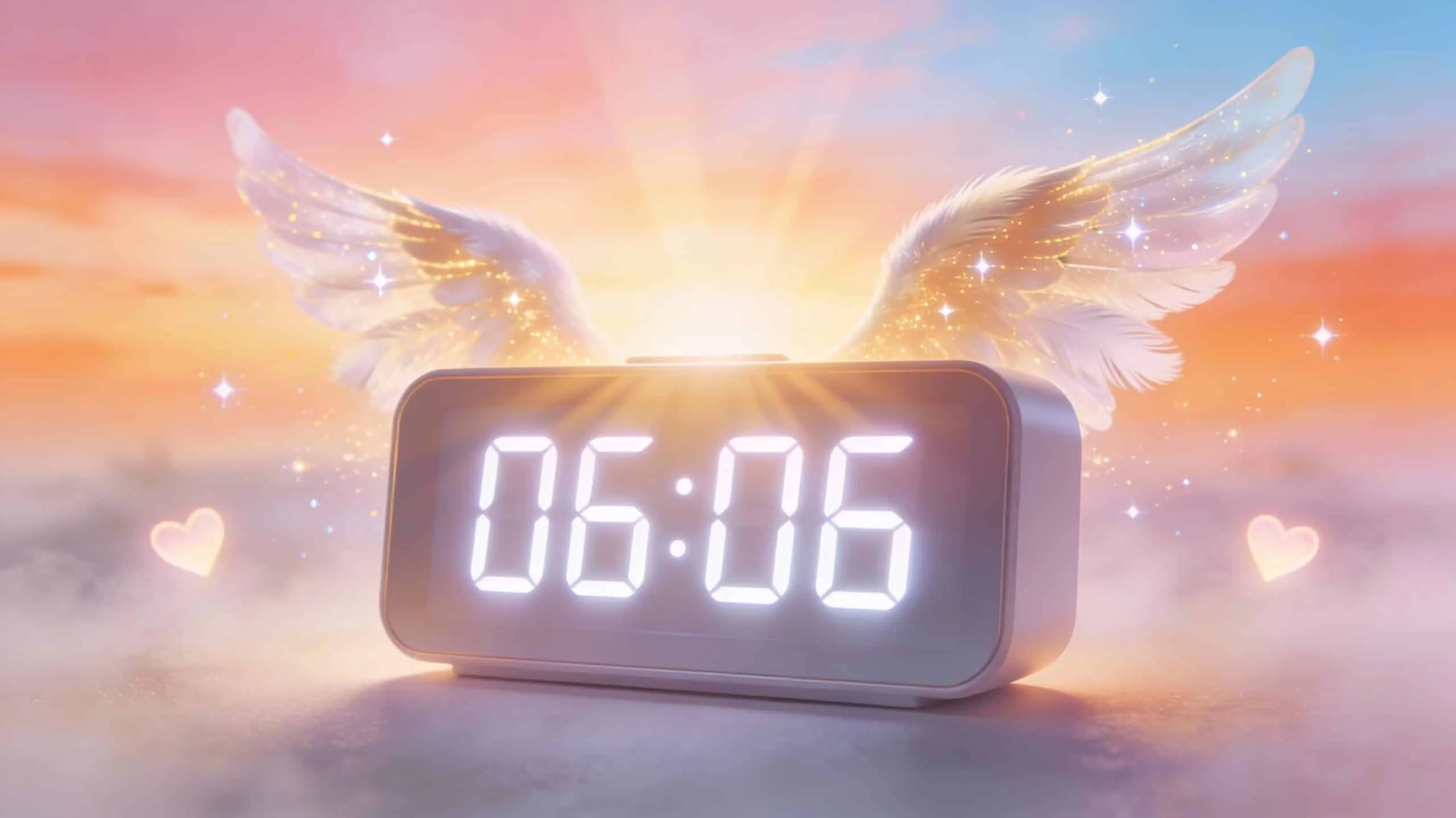Horloge numérique affichant 06h06 heure miroir double avec lever de soleil matinal et ailes d'ange symbolisant harmonie et réconfort