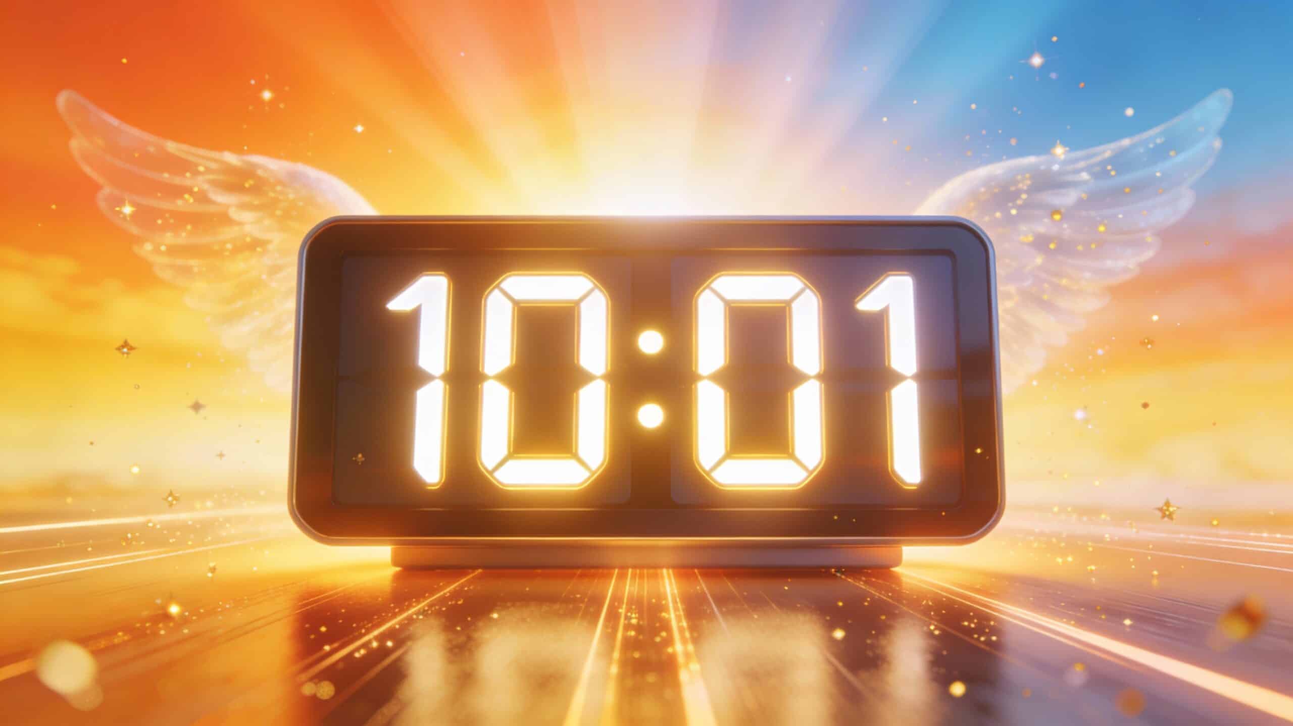 Horloge numérique affichant 10h01 heure miroir inversée avec lever de soleil et rayons lumineux symbolisant action et nouveaux départs