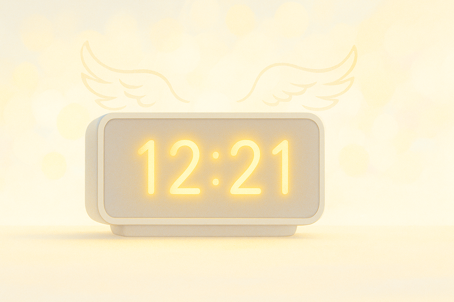 Horloge numérique affichant 12h21 dans une lumière douce de milieu de journée, avec une aura dorée et des ailes d’ange stylisées, symbolisant la libération, l’affirmation de soi et la protection de l’ange gardien Haamiah.