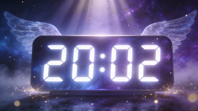 Horloge numérique affichant 20h02 heure miroir inversée avec rayons lumineux angéliques et ambiance spirituelle mystique