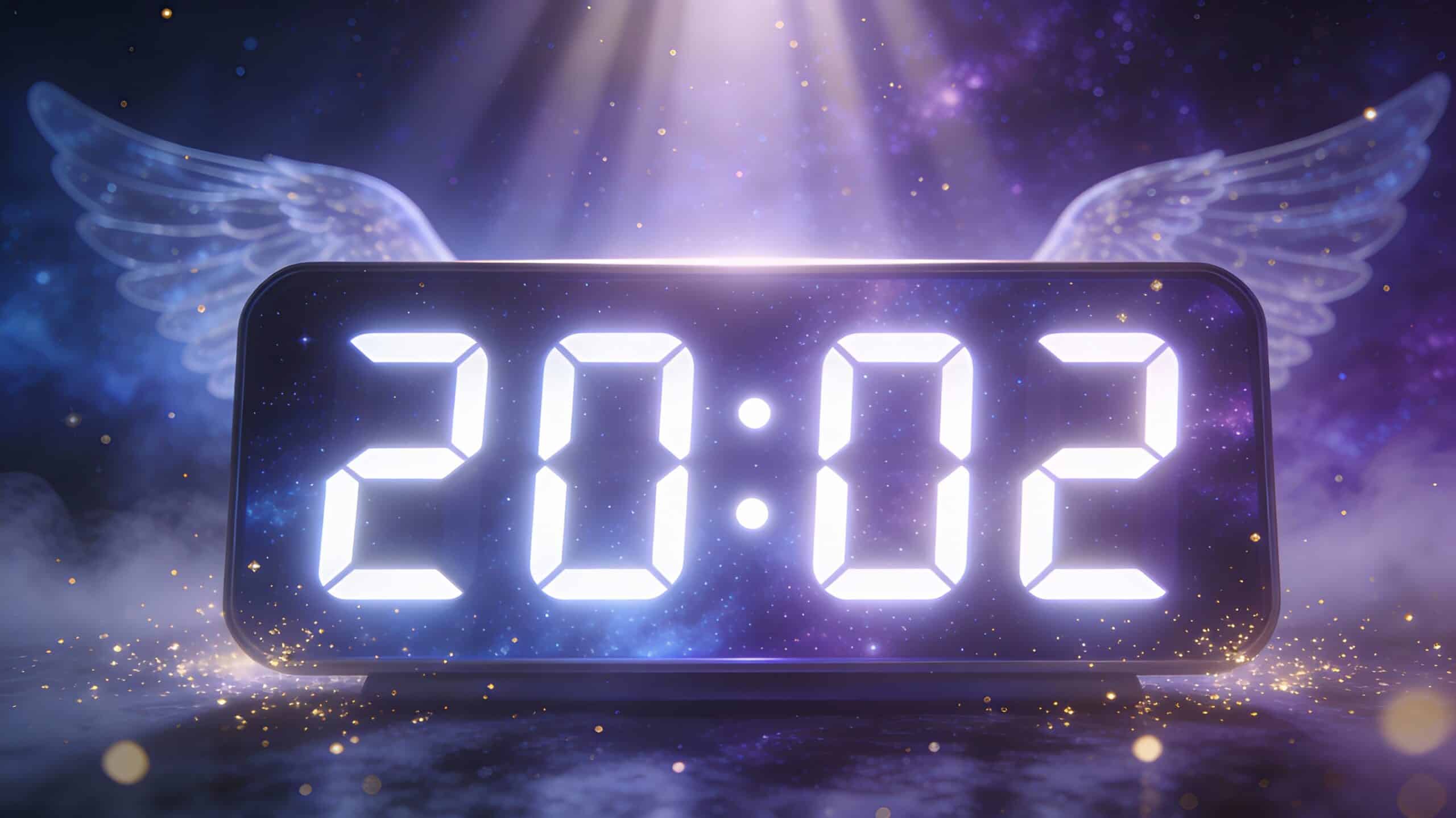 Horloge numérique affichant 20h02 heure miroir inversée avec rayons lumineux angéliques et ambiance spirituelle mystique