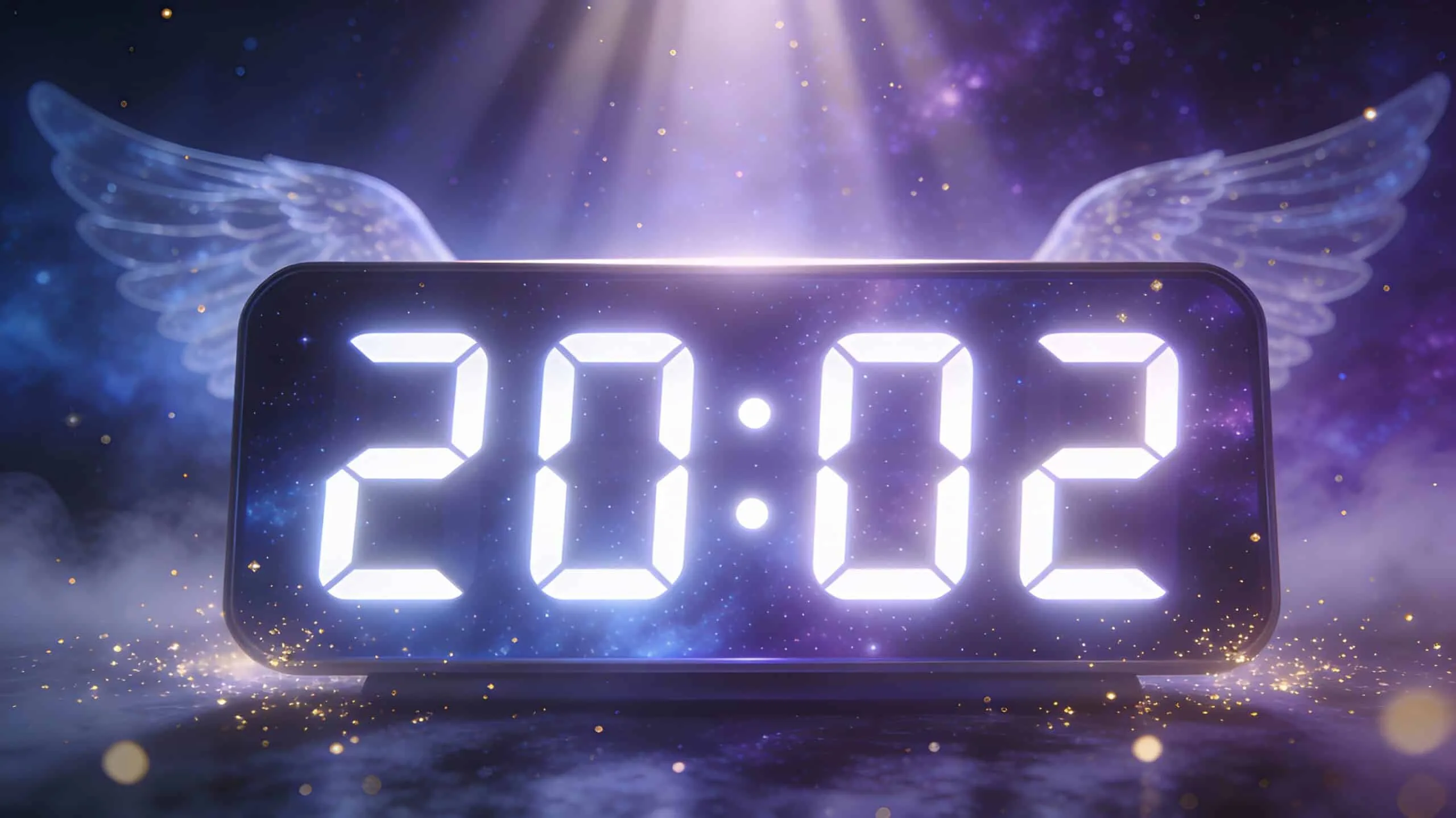 Horloge numérique affichant 20h02 heure miroir inversée avec rayons lumineux angéliques et ambiance spirituelle mystique