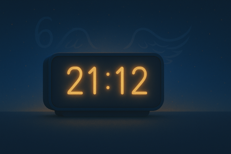 Horloge numérique affichant 21h12 sur fond de ciel bleu nuit et doré, avec une aura lumineuse et des ailes d’ange stylisées, symbolisant la protection de Mehiel, la fin de cycle et l’harmonie retrouvée.