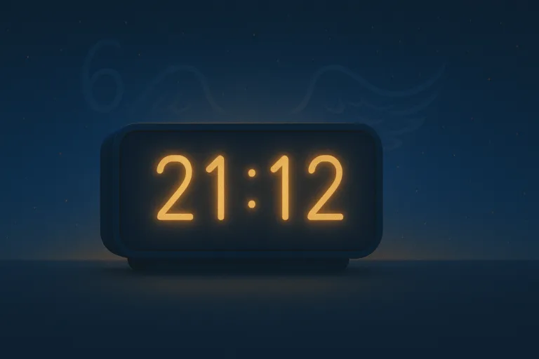 Horloge numérique affichant 21h12 sur fond de ciel bleu nuit et doré, avec une aura lumineuse et des ailes d’ange stylisées, symbolisant la protection de Mehiel, la fin de cycle et l’harmonie retrouvée.
