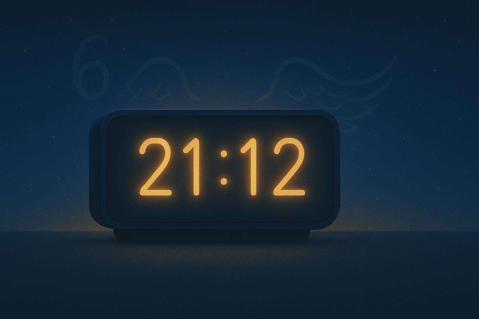 Horloge numérique affichant 21h12 sur fond de ciel bleu nuit et doré, avec une aura lumineuse et des ailes d’ange stylisées, symbolisant la protection de Mehiel, la fin de cycle et l’harmonie retrouvée.
