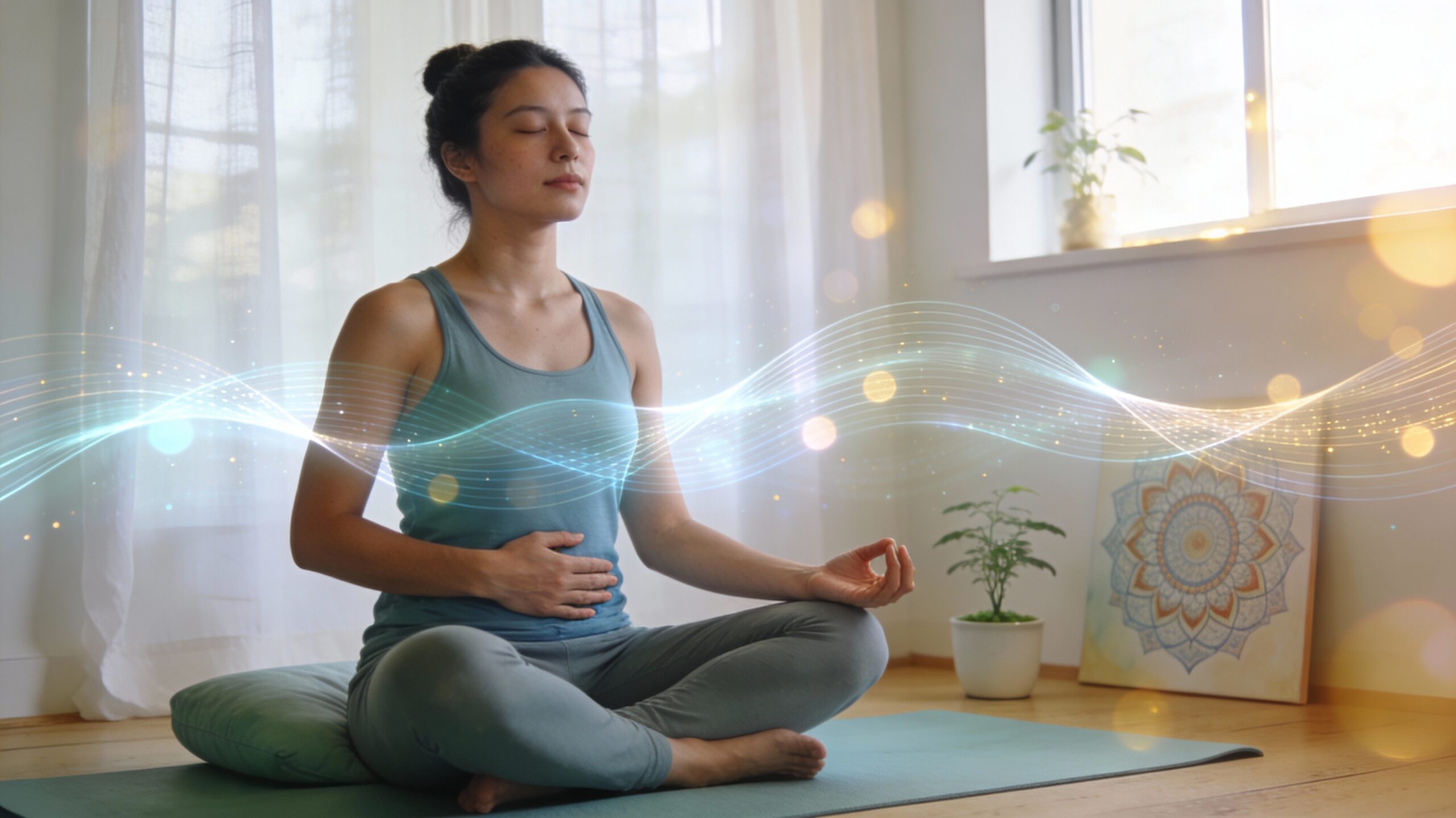 Personne assise en méditation pratiquant la respiration profonde pour calmer le mental et réduire l’anxiété