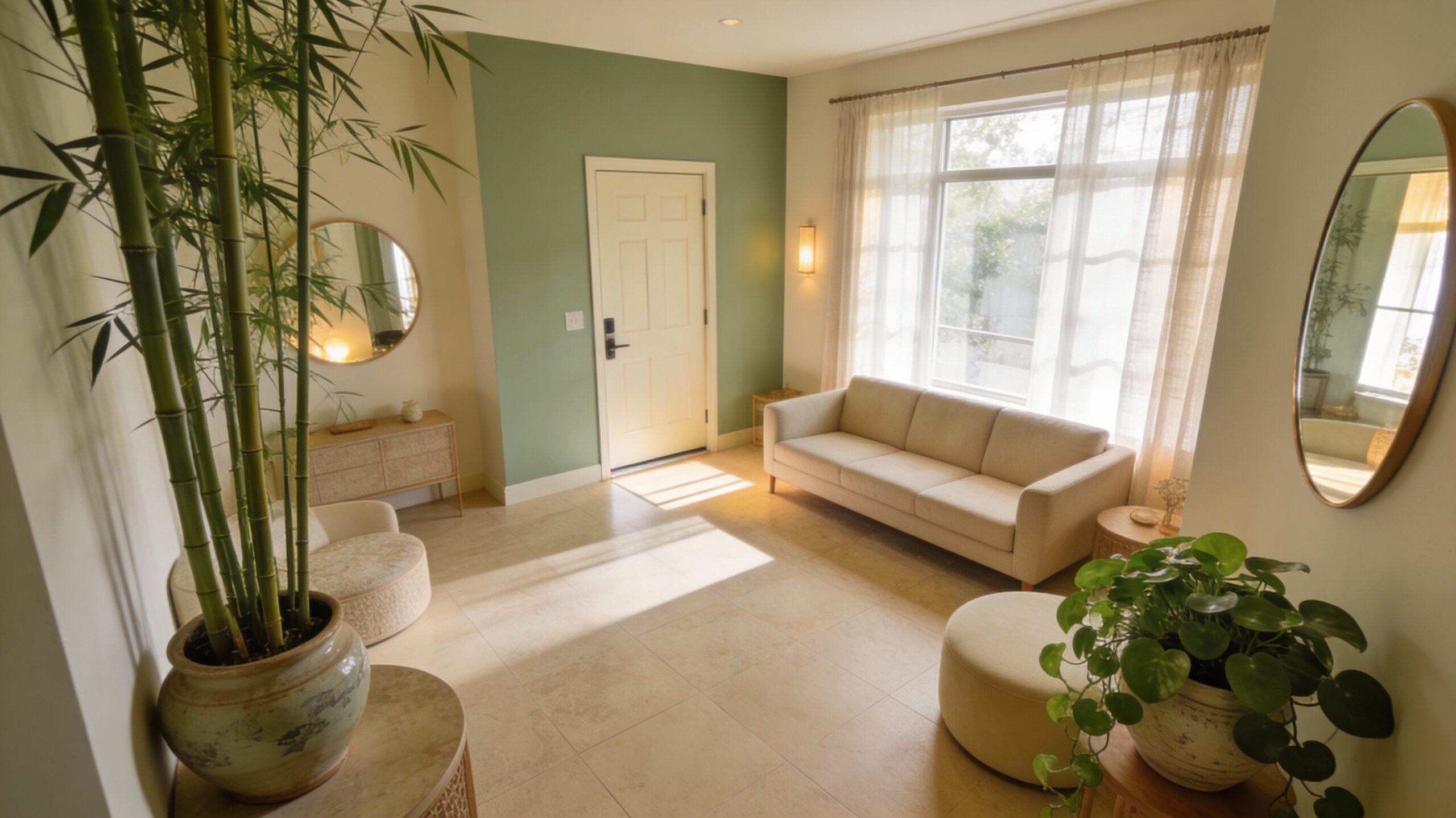 Salon lumineux aménagé selon principes Feng Shui erreurs évitées canapé position commandement plantes circulation énergie