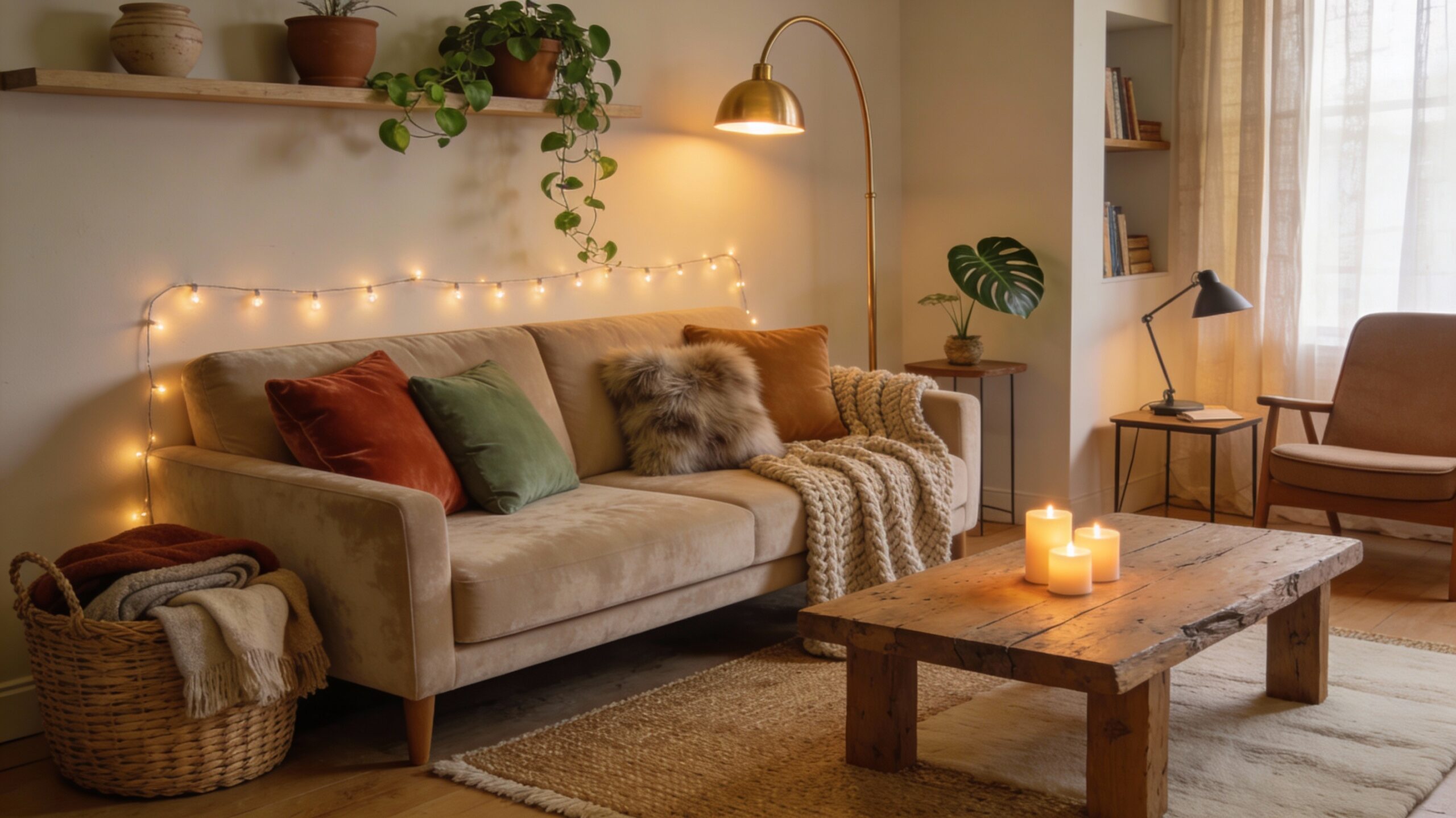 Espace cocon cosy salon textiles plaids coussins lumière douce plantes naturelles petit budget sans travaux