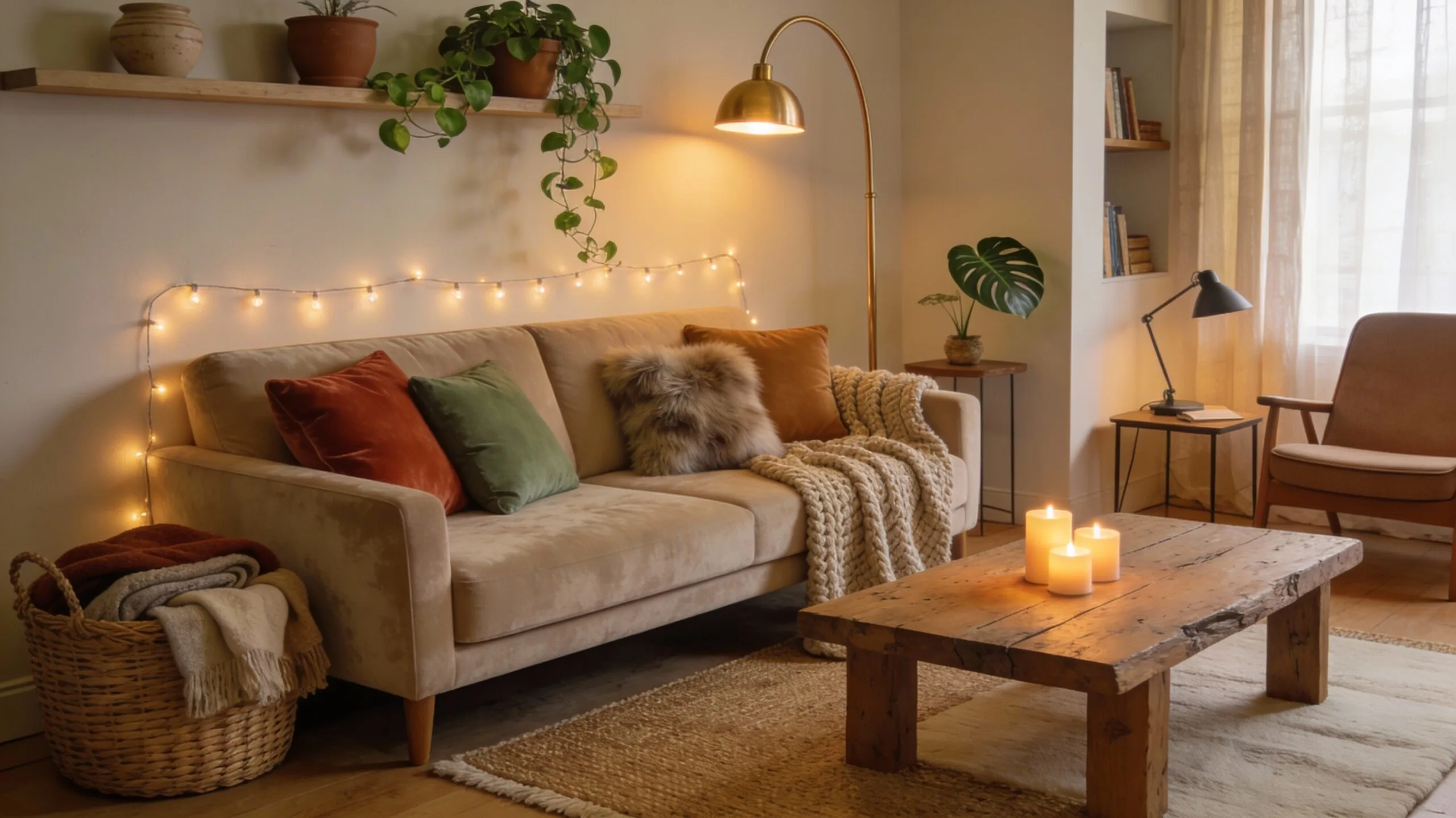 Espace cocon cosy salon textiles plaids coussins lumière douce plantes naturelles petit budget sans travaux