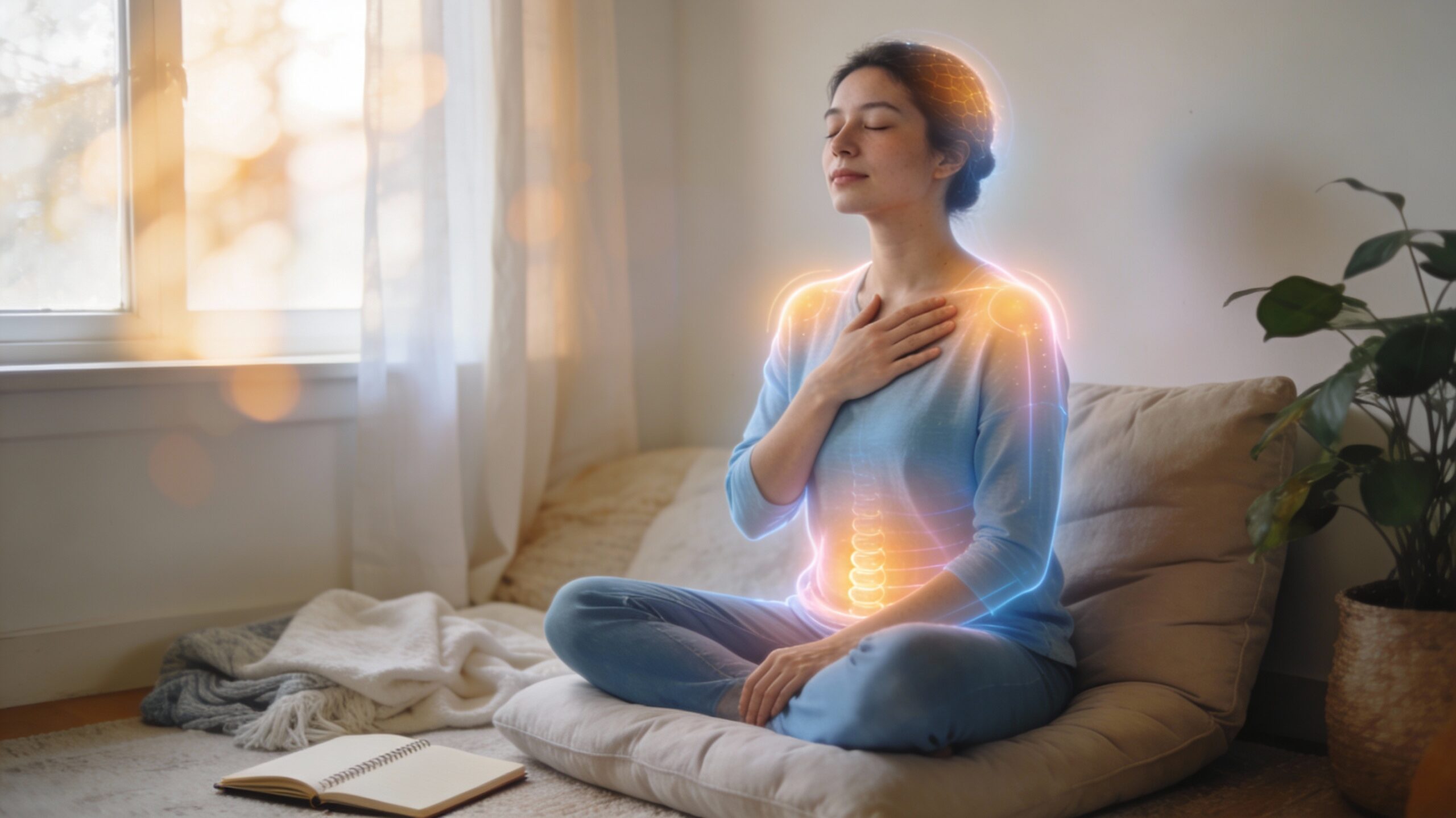 Personne fatiguée mais apaisée posant la main sur son corps pour écouter les signaux de fatigue émotionnelle