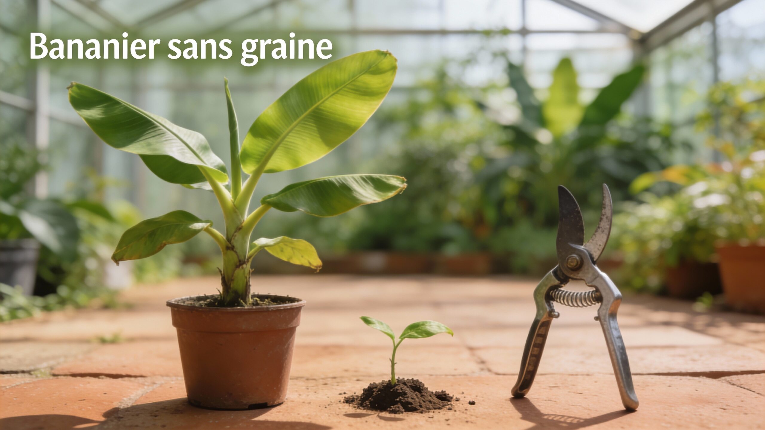 Jeune bananier en pot avec un petit rejet et un sécateur, illustrant la multiplication d’un bananier sans graine