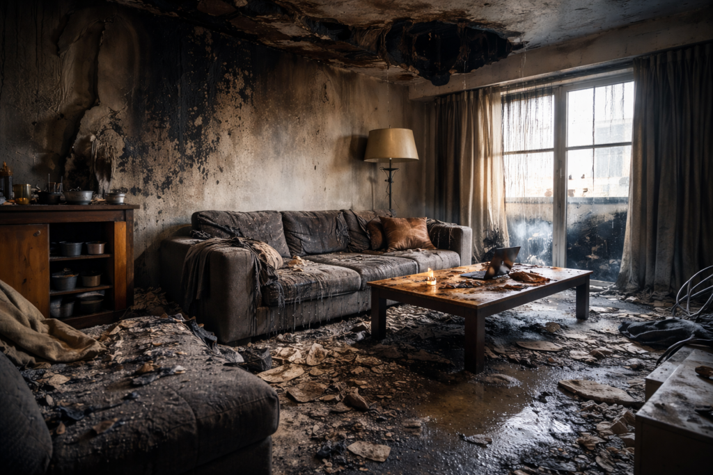 Appartement après un incendie avec murs noircis par la fumée, plafond endommagé et mobilier détérioré, illustrant les dégâts couverts par l’assurance habitation.