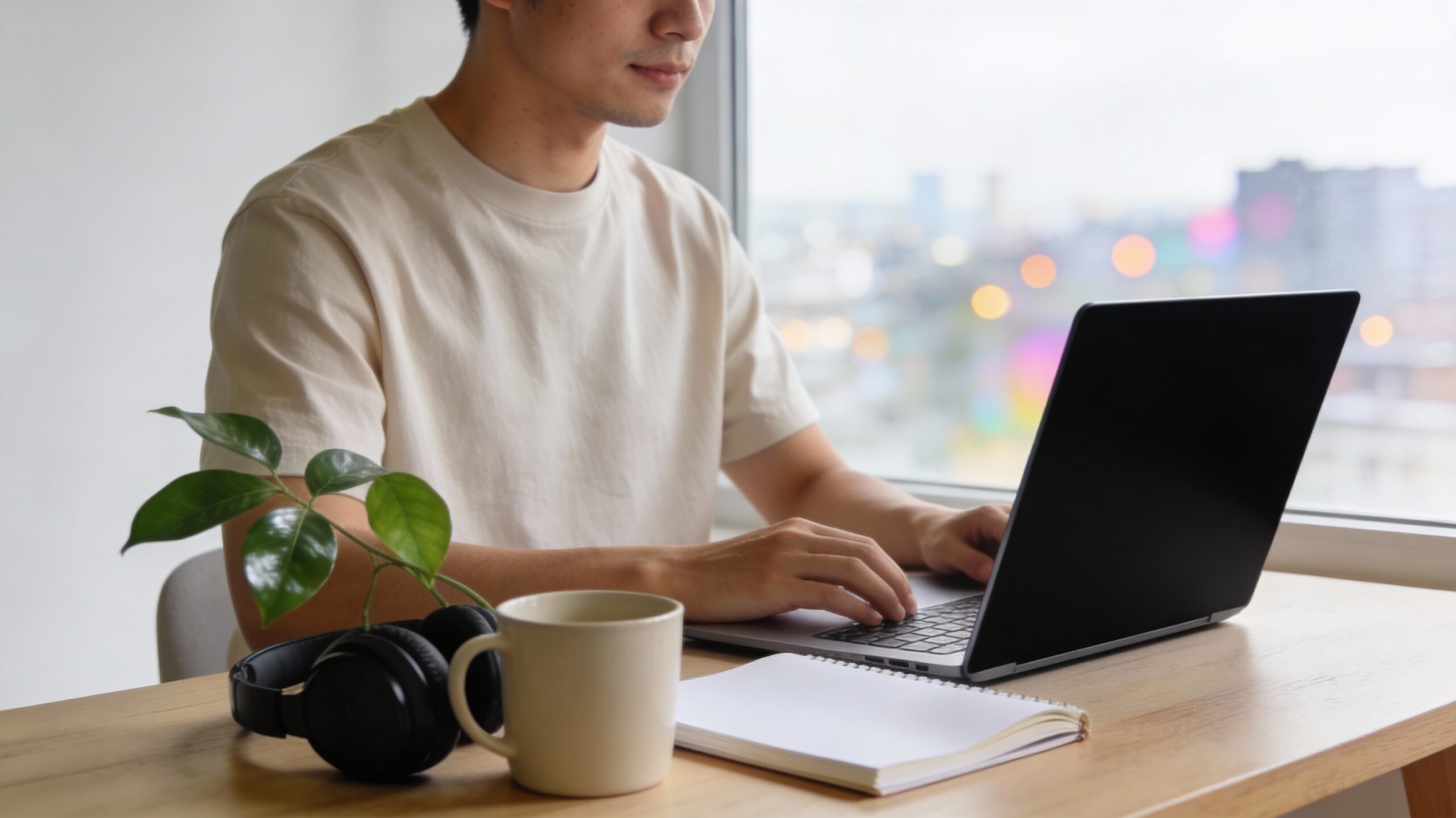 Freelance travaillant seul dans un bureau lumineux et minimaliste, ambiance calme et concentrée, ordinateur sans texte visible.