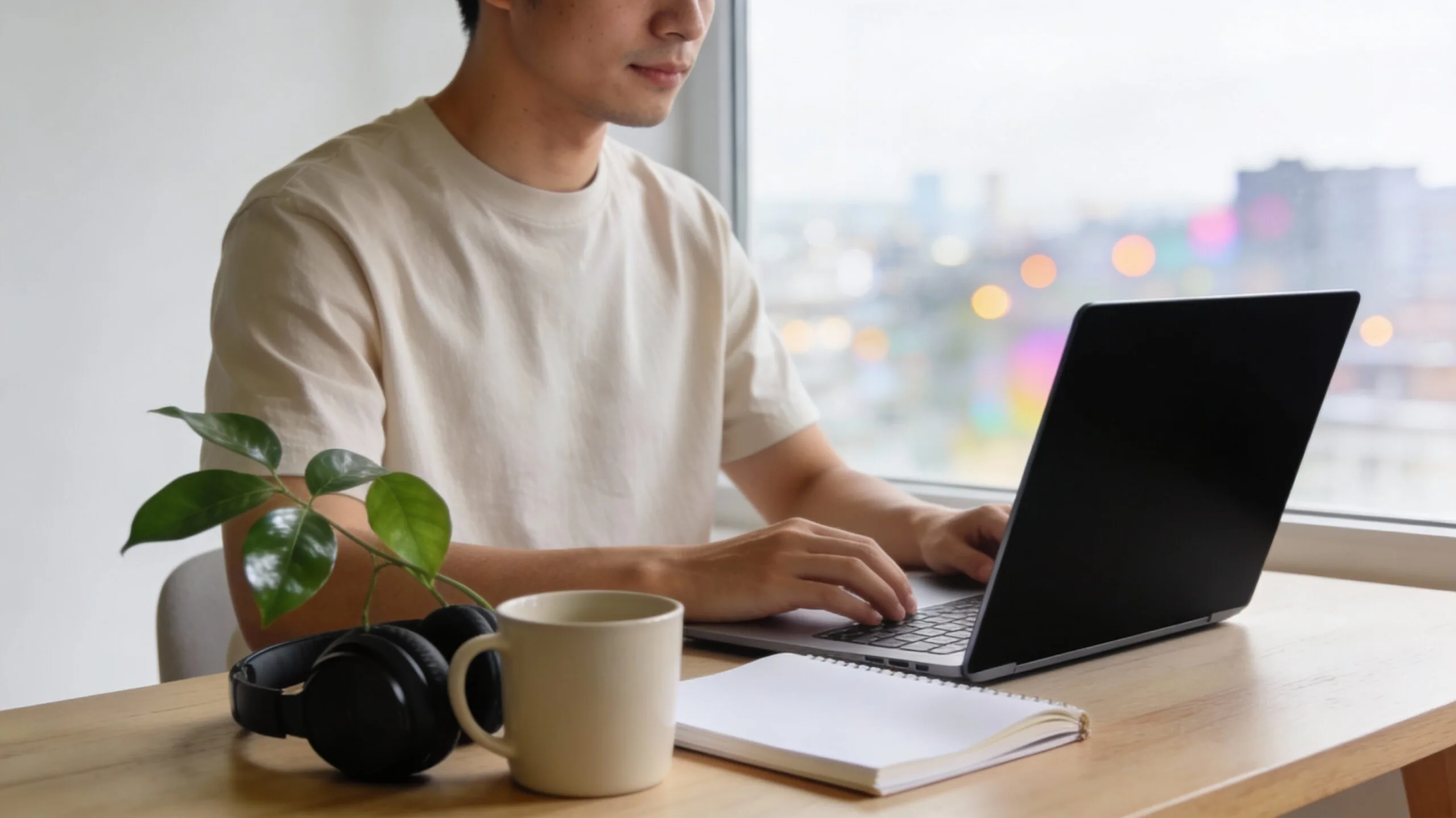 Freelance travaillant seul dans un bureau lumineux et minimaliste, ambiance calme et concentrée, ordinateur sans texte visible.