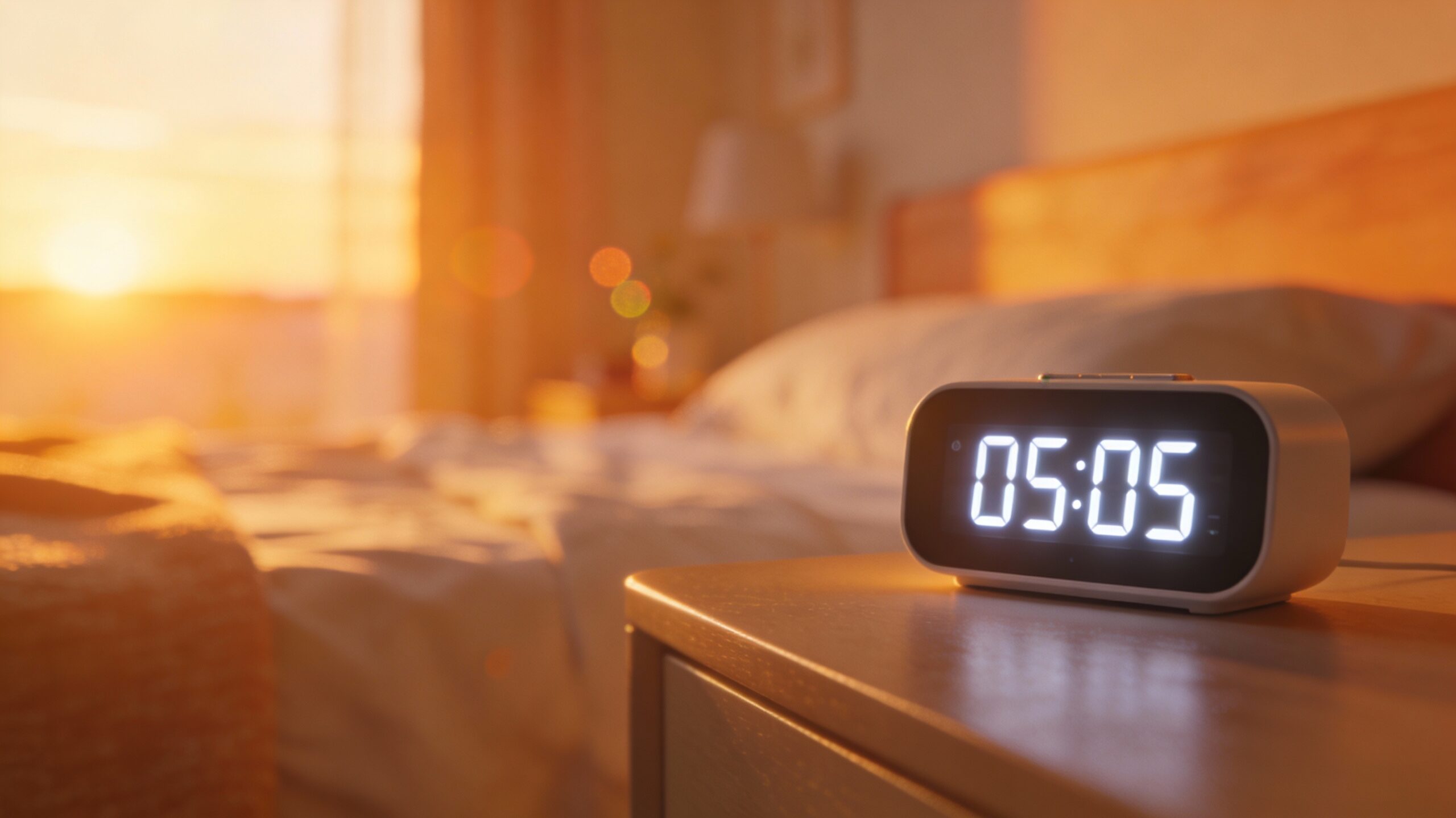 Réveil numérique affichant 05:05 sur une table de chevet dans une chambre éclairée par la lumière de l’aube