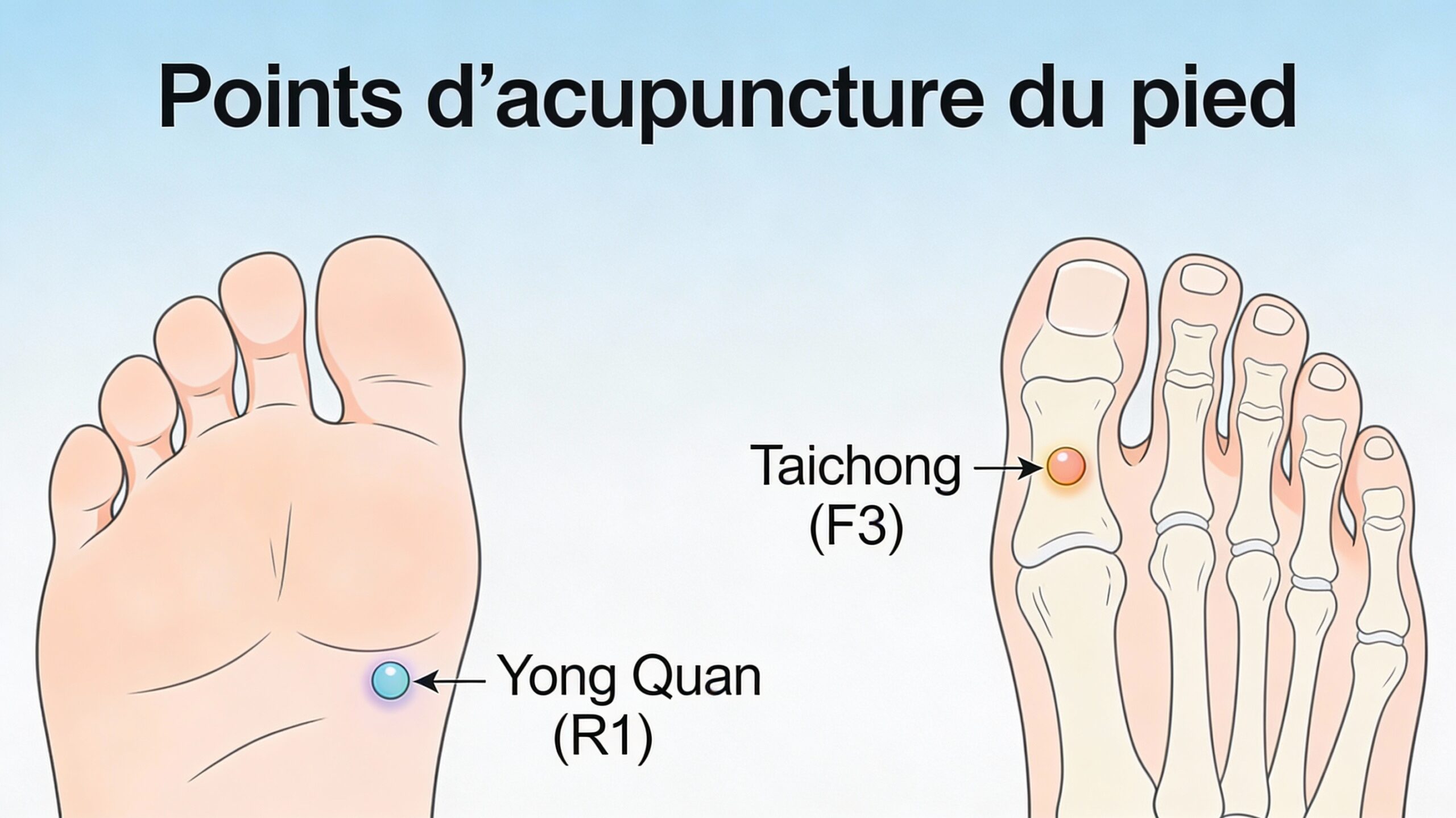 Infographie 16:9 des points d’acupuncture du pied : Yong Quan (R1) sous la plante et Taichong (F3) sur le dessus.