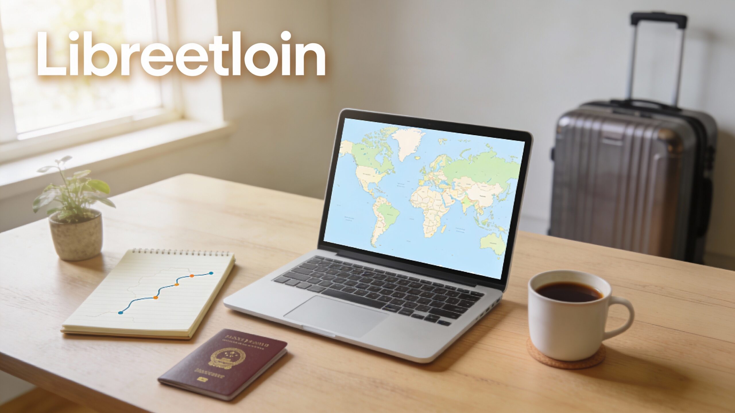 Bureau de préparation de voyage avec ordinateur affichant une carte, carnet d’itinéraire et valise en arrière-plan (Libreetloin)
