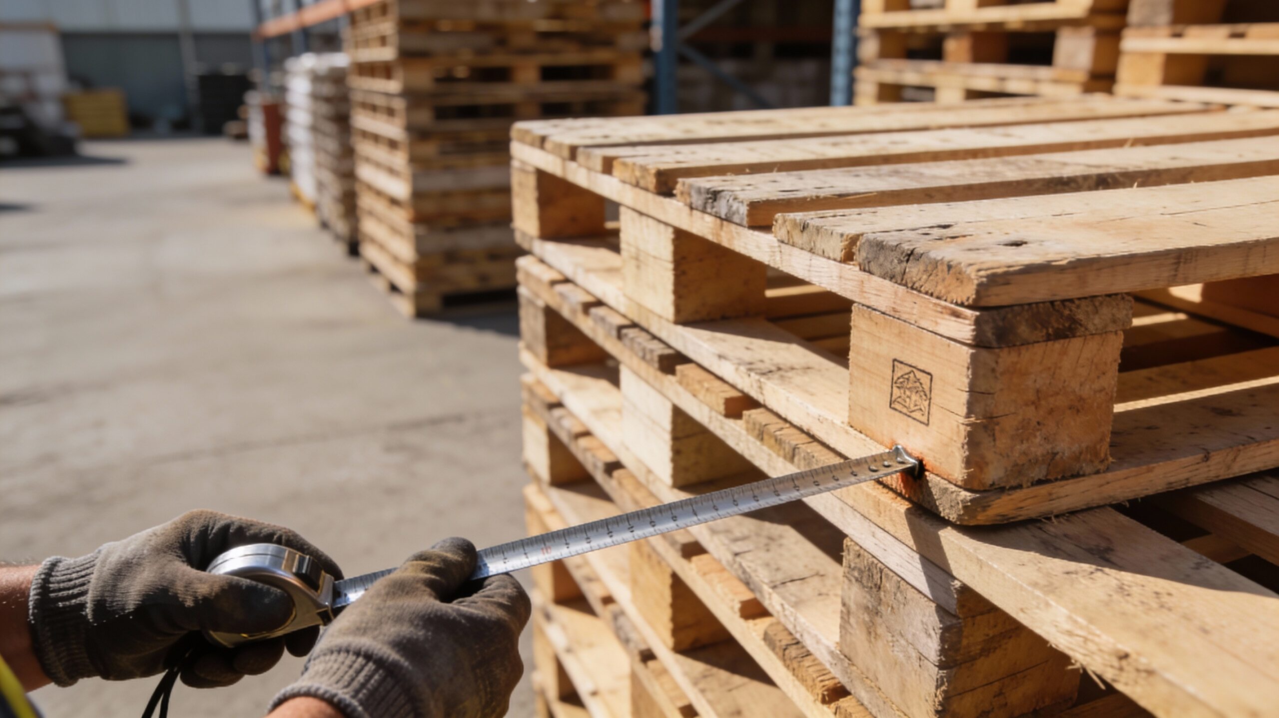 Pile de palettes en bois dans une cour de magasin, avec des mains gantées tenant un mètre ruban pour vérifier la palette avant récupération