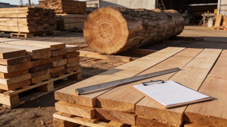 Planches de chêne empilées sur palettes avec une grume au fond et un mètre ruban posé dessus, pour illustrer le prix au m3 du chêne